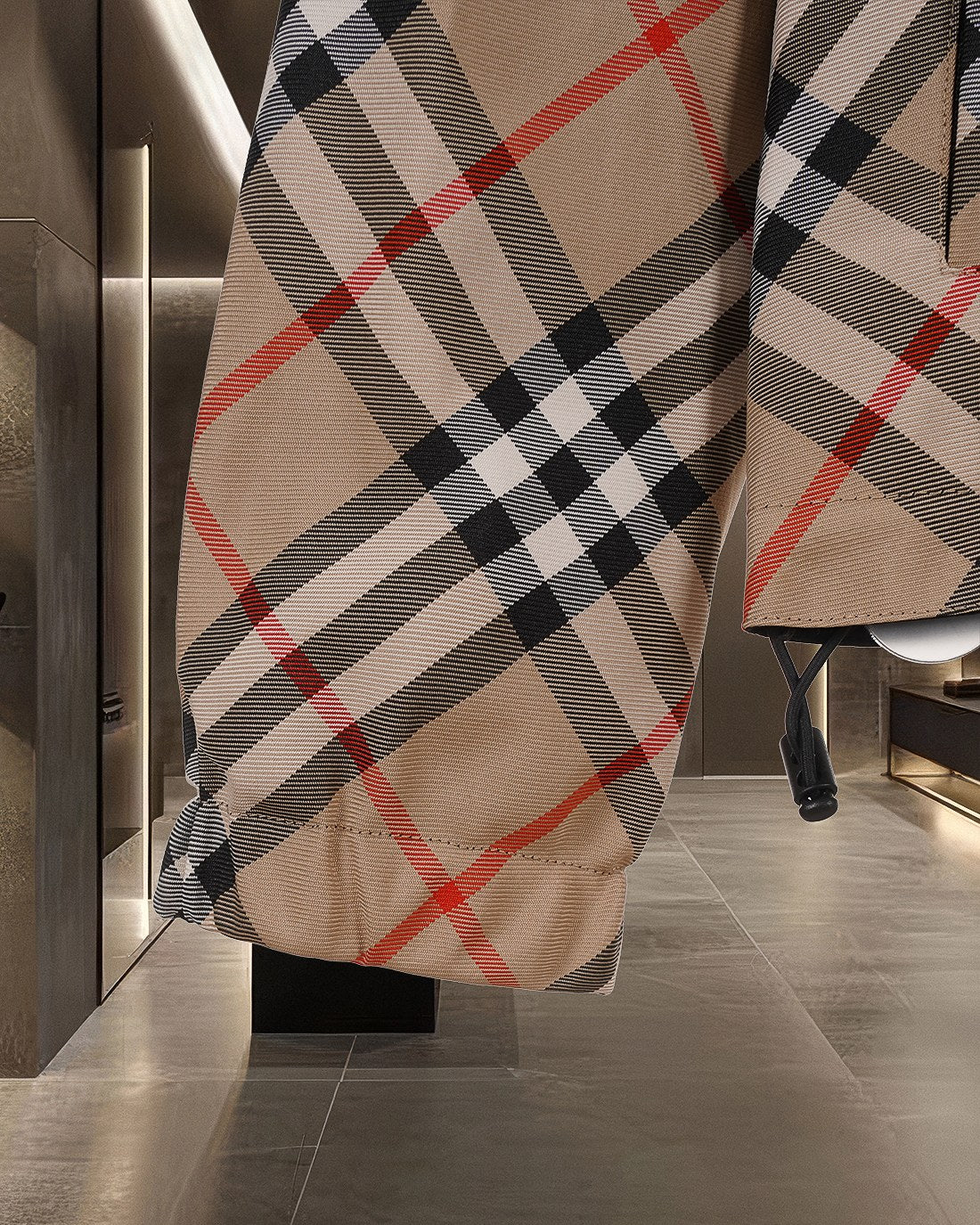 Burberry long plaid coat in beige check with black, white and red stripes