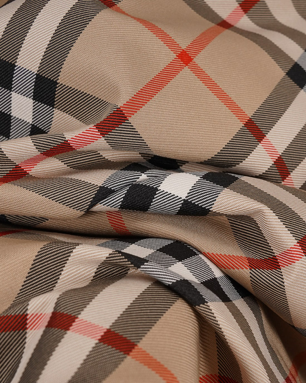 Burberry plaid coat fabric in beige weave with black, white and red check
