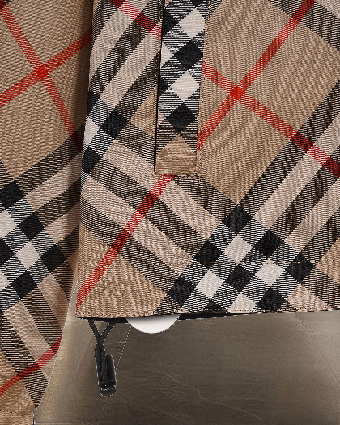 Burberry long plaid coat with buttoned front, beige check with black, white and red