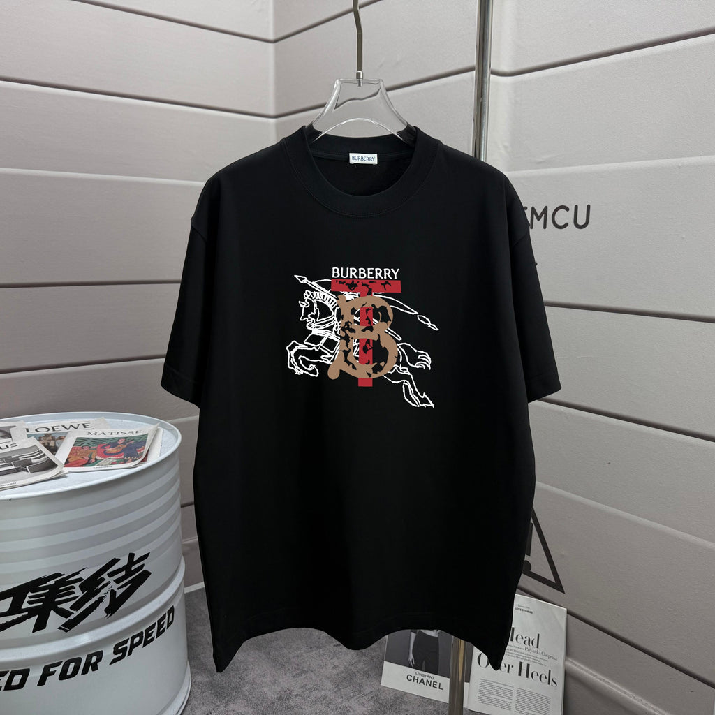 Burberry short-sleeve T-shirt, black crew neck, front horse rider graphic logo