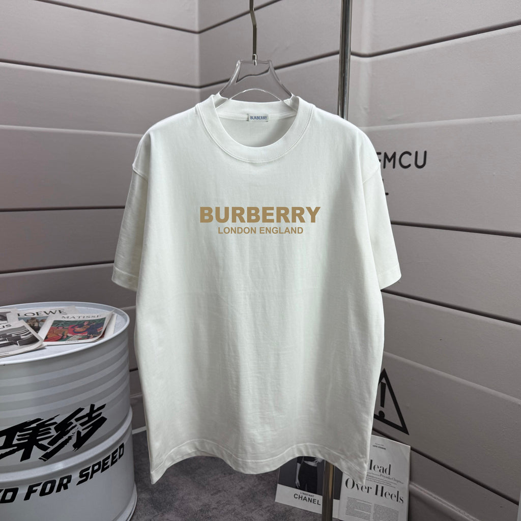 White crew-neck T-shirt with BURBERRY London England logo print.