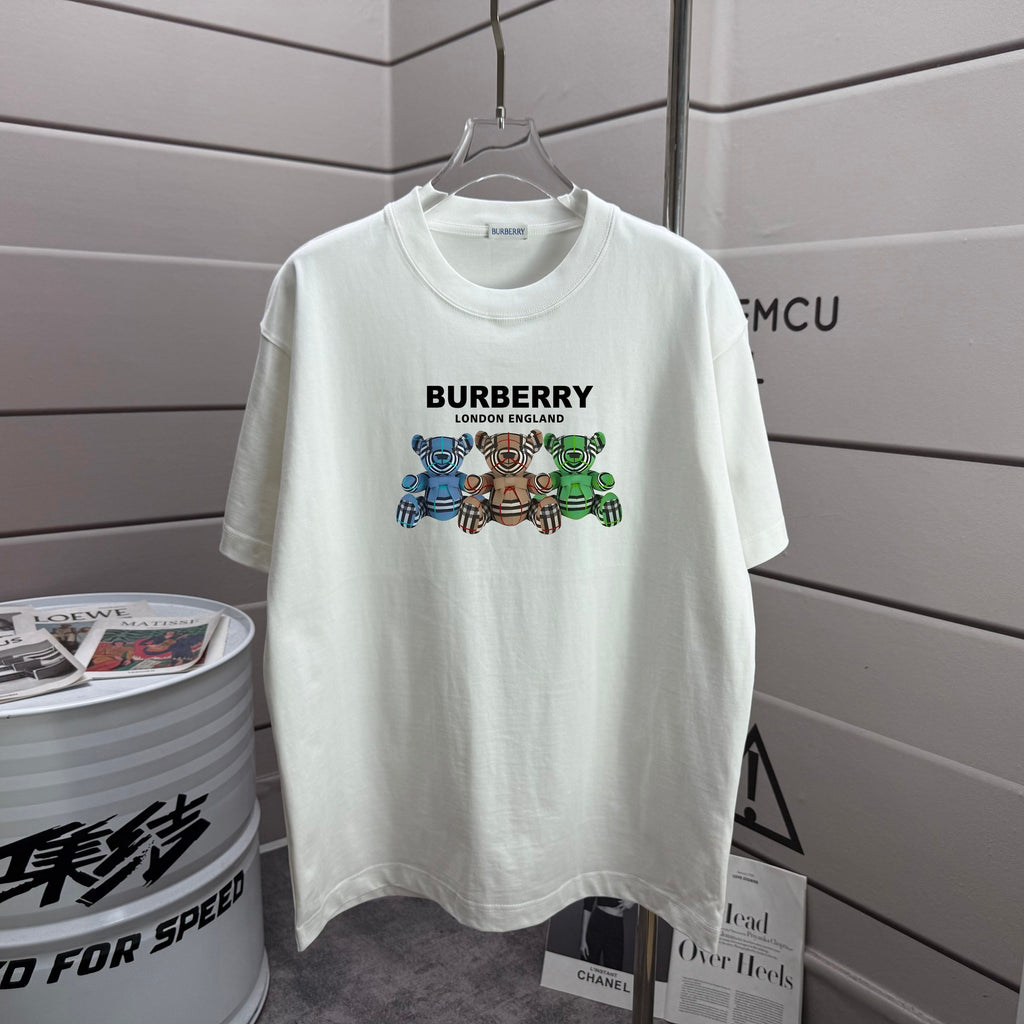White Burberry logo T-shirt with multicolor teddy graphic on front