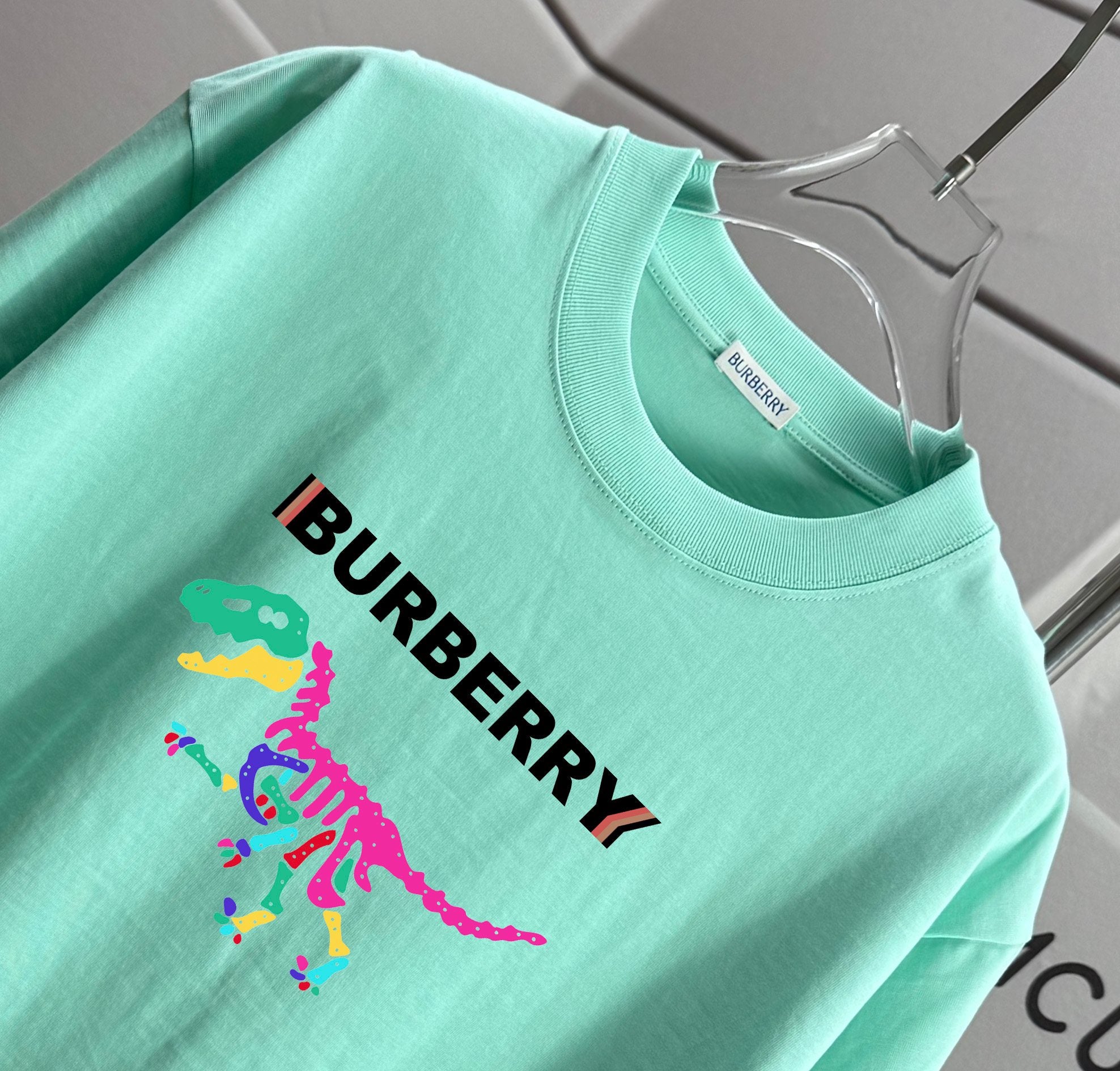 Mint green Burberry T-shirt close-up of front logo and colorful dinosaur graphic