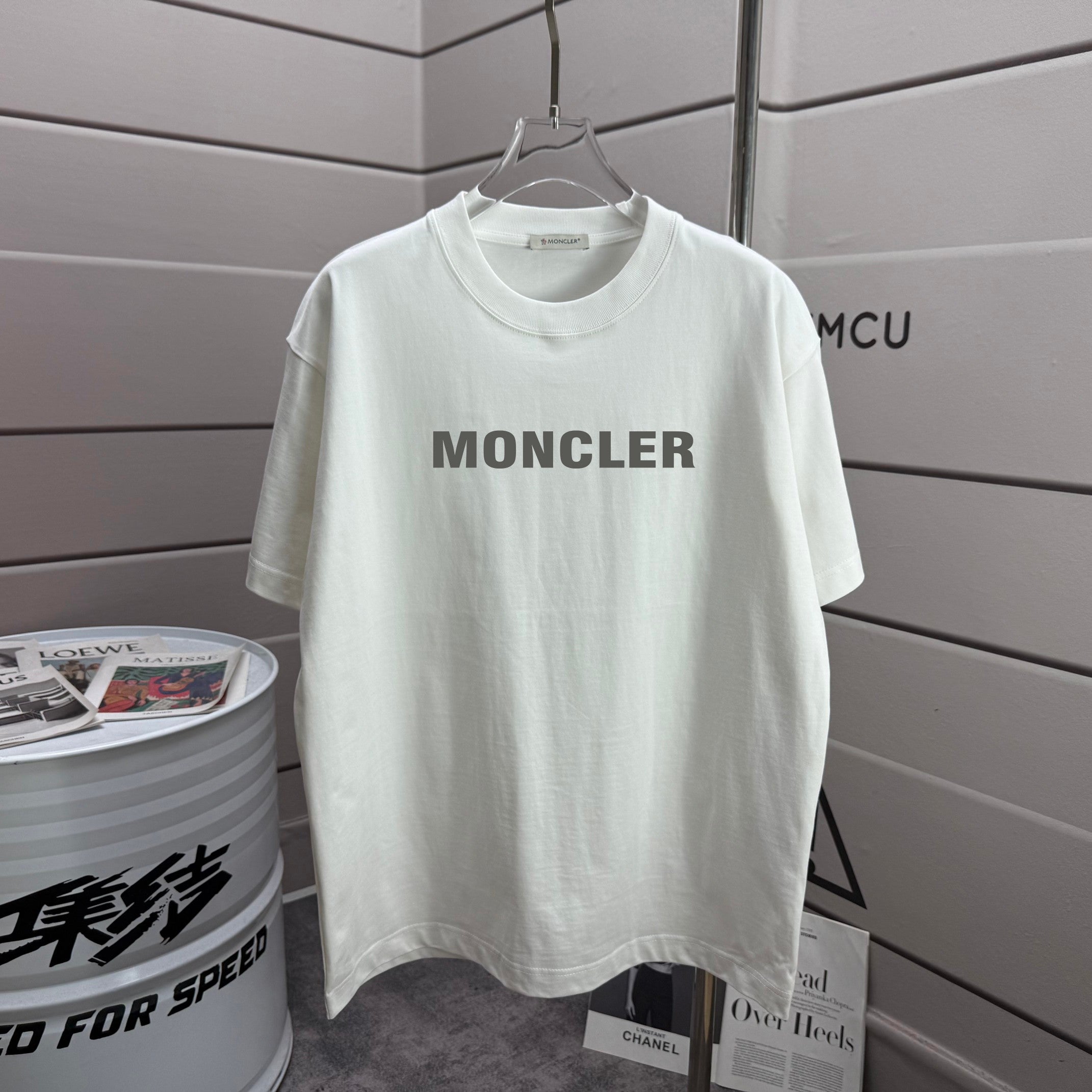 Moncler white crewneck T-shirt with MONCLER logo print at front