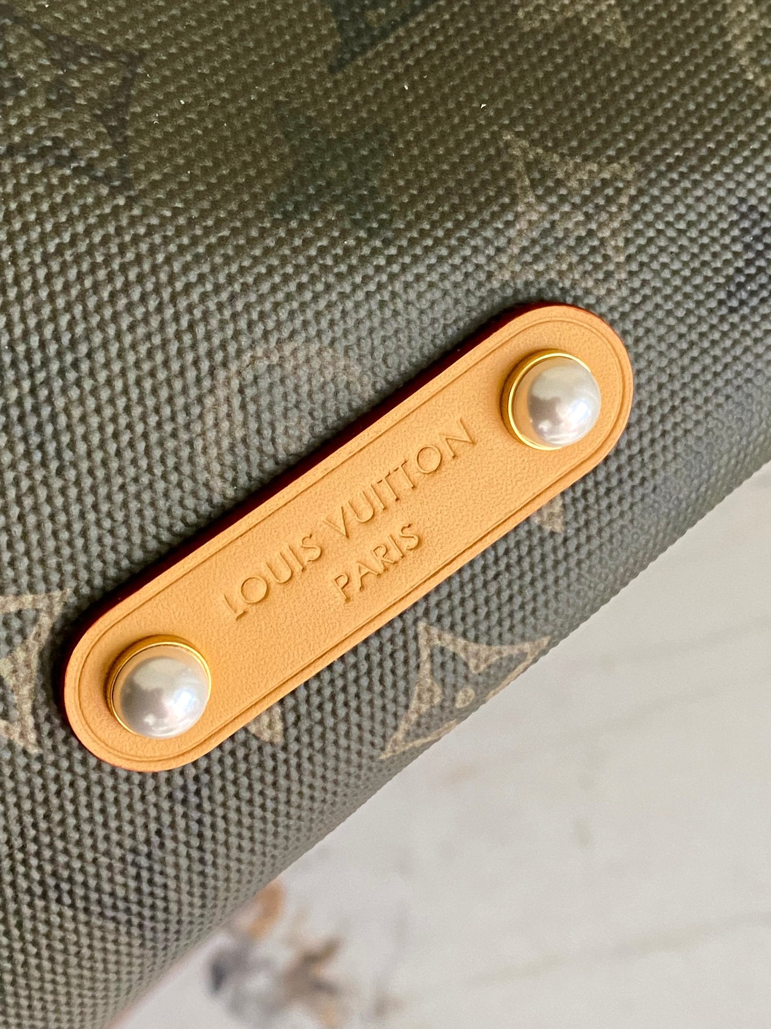 Louis Vuitton snap button detail on dark green textured bag with gold base
