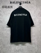 Black crewneck T-shirt with large BALENCIAGA logo across back