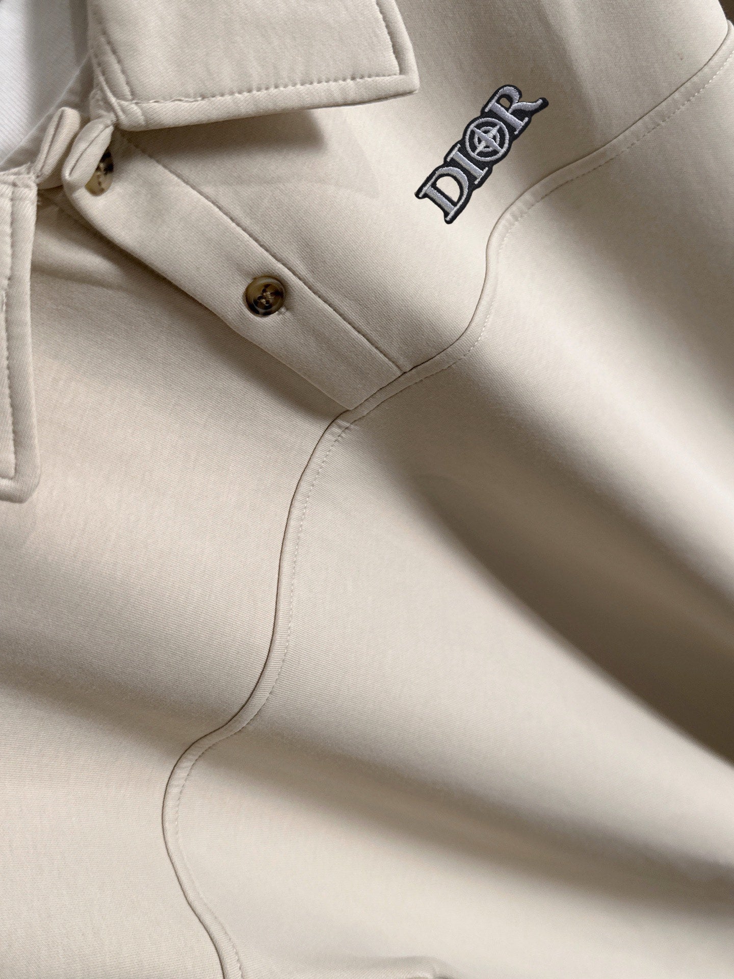Dior long-sleeve polo shirt close-up of placket and logo on light cream fabric