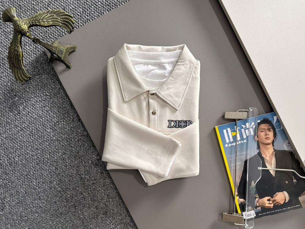 Dior long-sleeve polo shirt folded, light cream, buttoned collar with chest logo