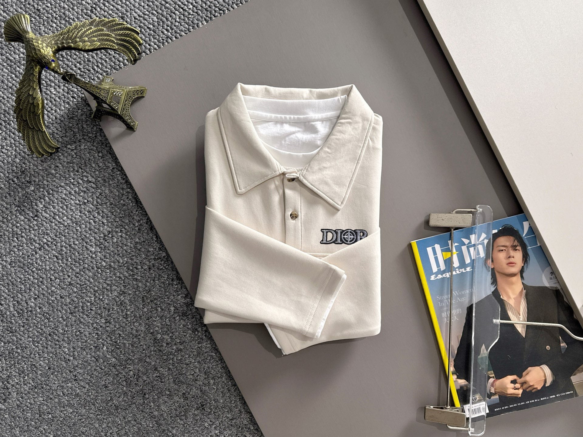 Dior long-sleeve polo shirt folded, light cream, buttoned collar with chest logo