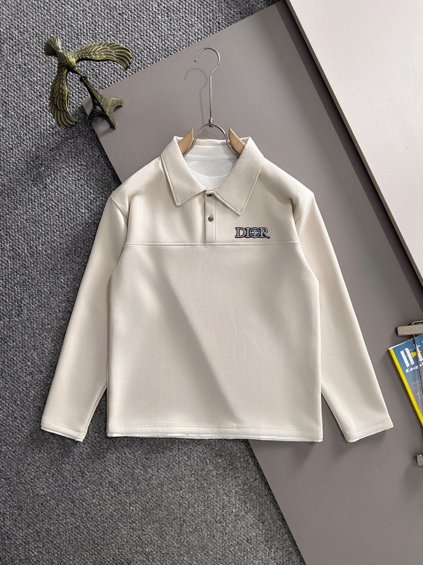 Dior long-sleeve polo shirt in light cream with buttoned collar and chest logo