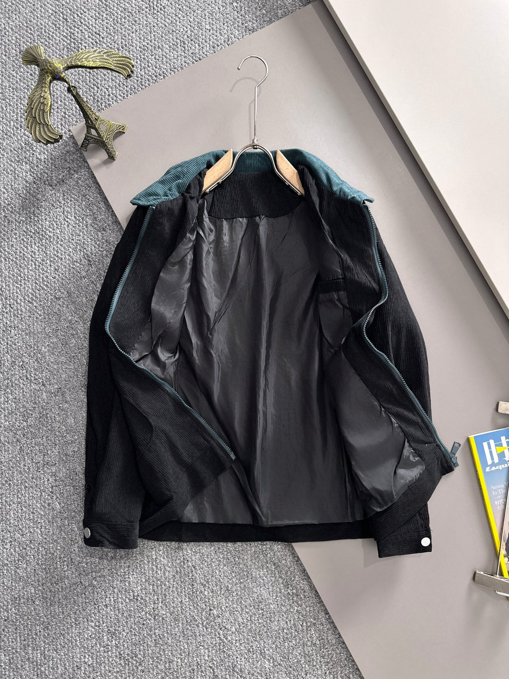 Fendi long-sleeve jacket, black outer shell with teal collar and visible lining