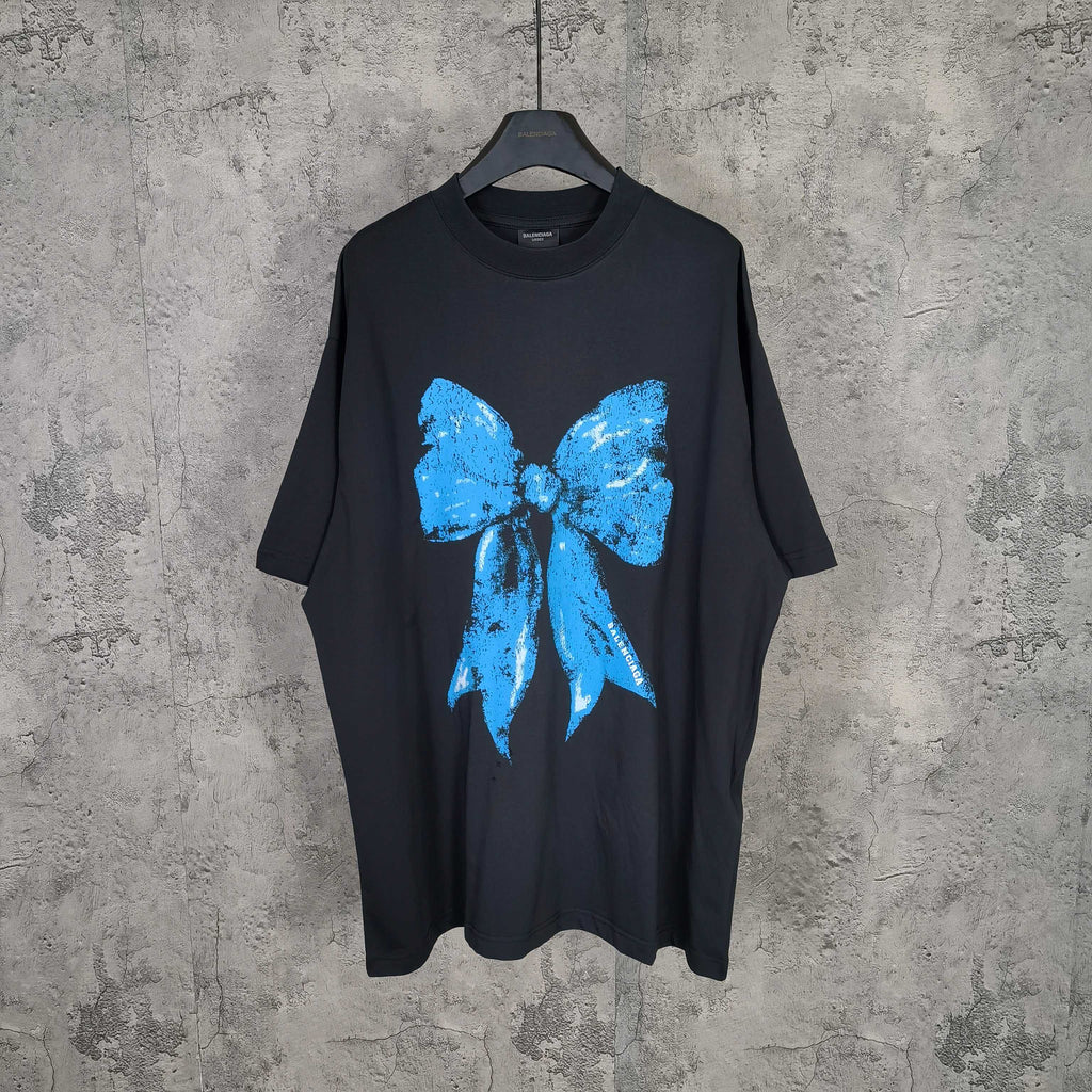 Balenciaga black T-shirt with blue bow graphic at center