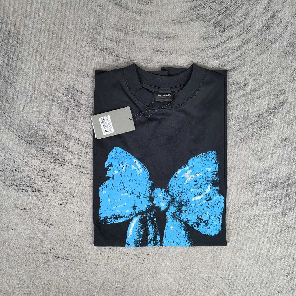 Balenciaga black T-shirt with blue bow graphic and white price tag