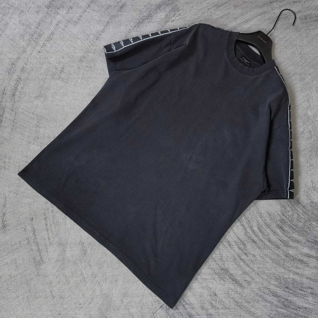 Balenciaga short-sleeve T-shirt, dark crew neck with striped trim on sleeves