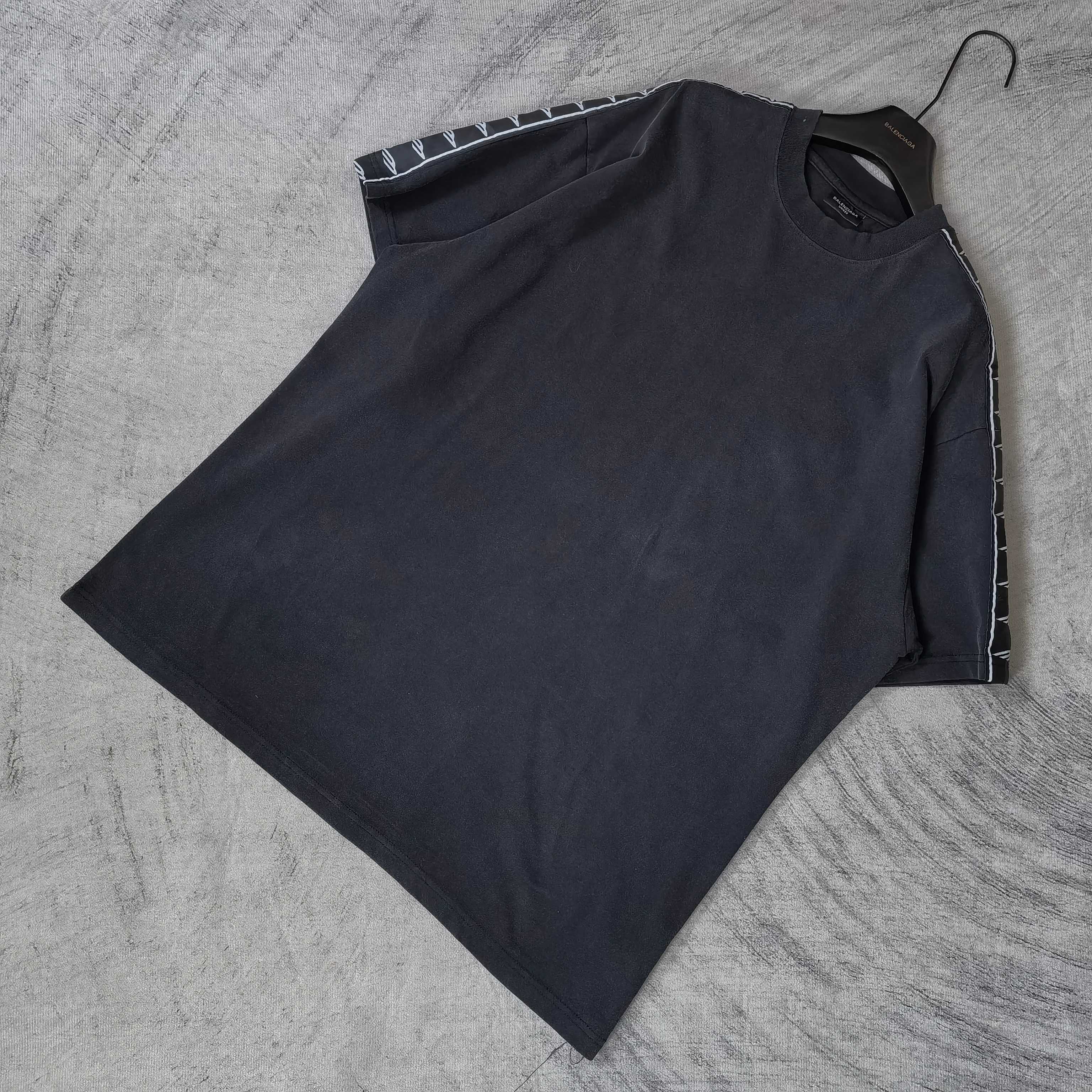 Balenciaga short-sleeve T-shirt, dark crew neck with striped trim on sleeves