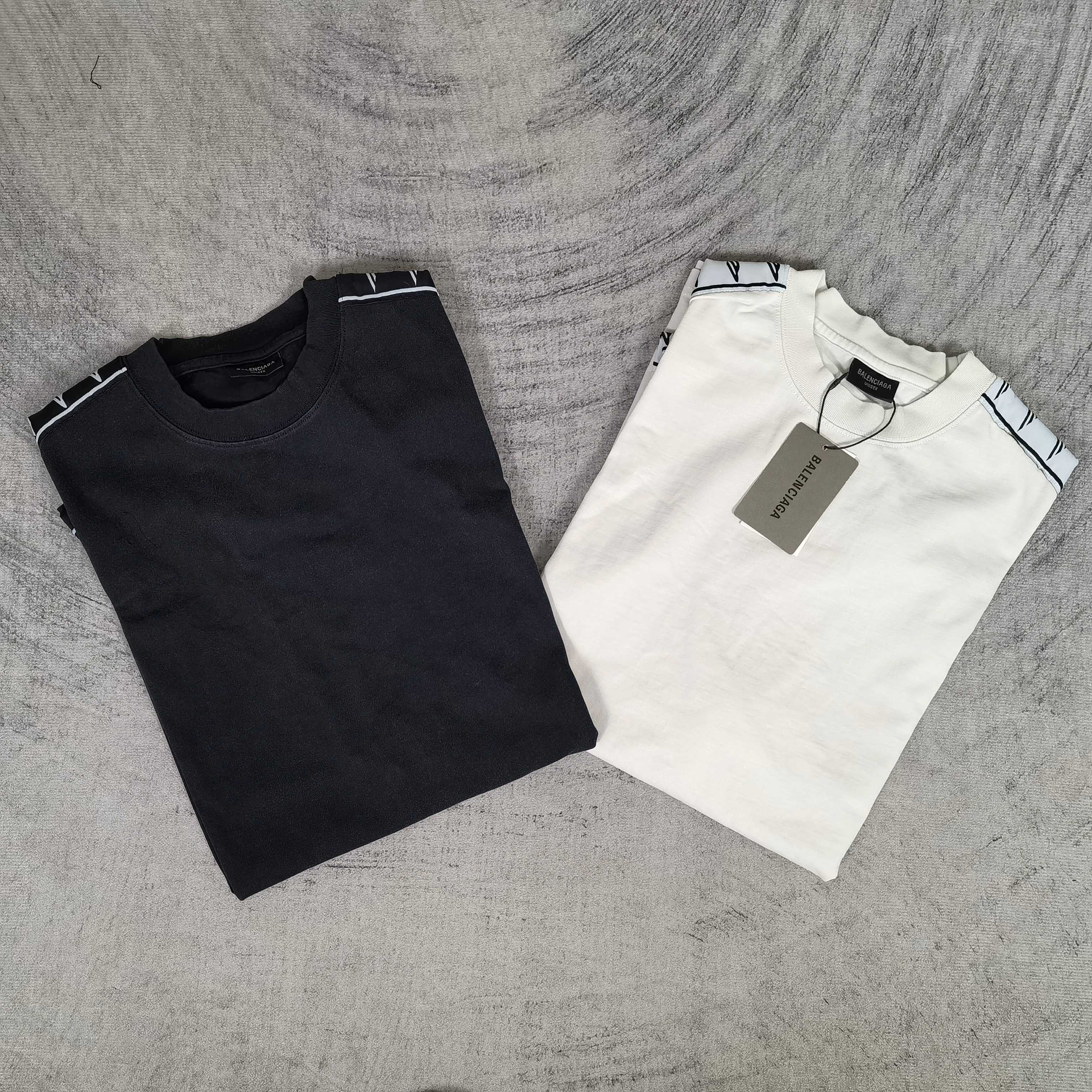 Balenciaga short-sleeve T-shirts set: dark and white crewnecks with striped sleeve trim