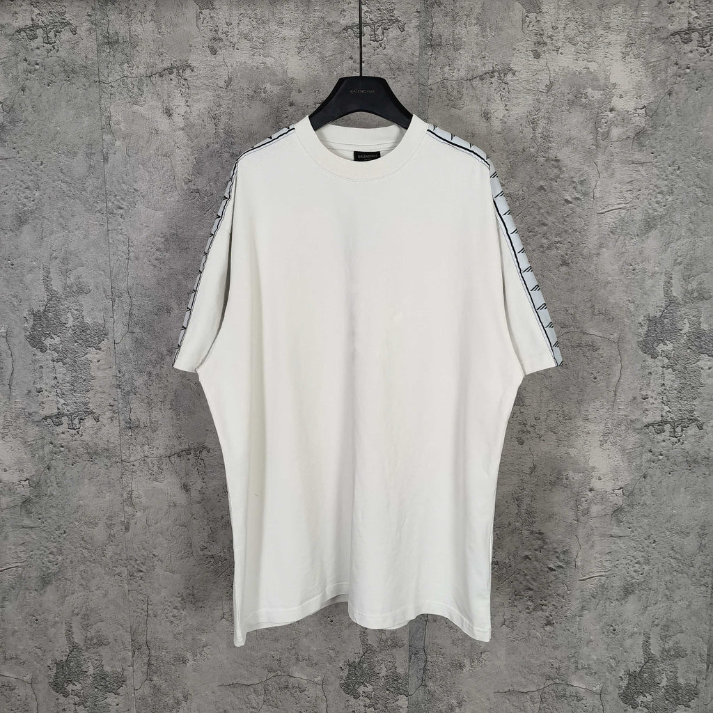 Balenciaga white crewneck T-shirt with patterned stripe trim on sleeves