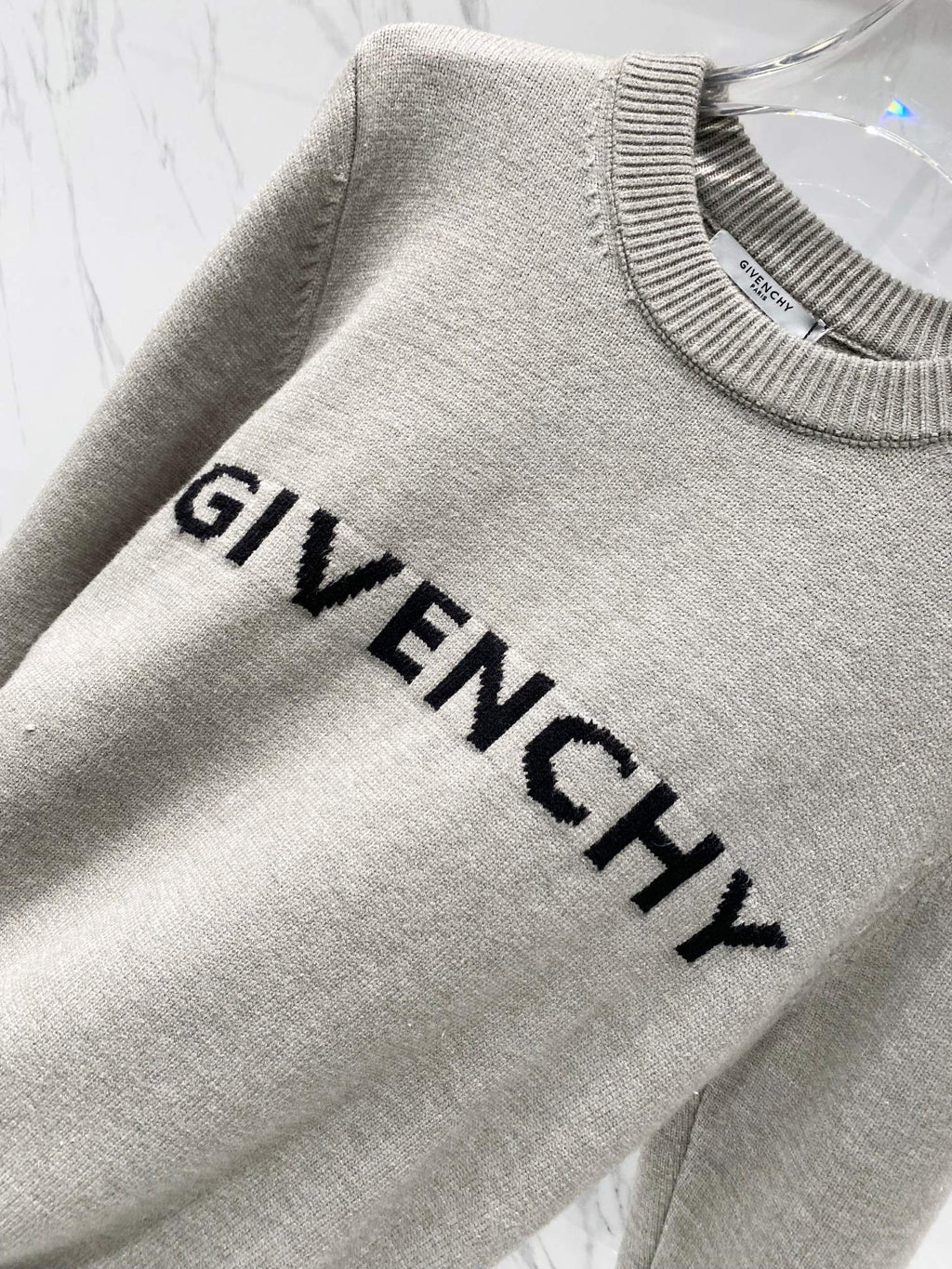 Givenchy crewneck sweatshirt in light gray with arched black GIVENCHY logo