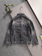 Distressed denim jacket back view on hanger with long sleeves and button placket