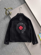 Black denim jacket back patch with red flower emblem in circular embroidery