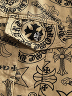 Long-sleeve shirt close-up of stitched pocket and ornate motifs on beige