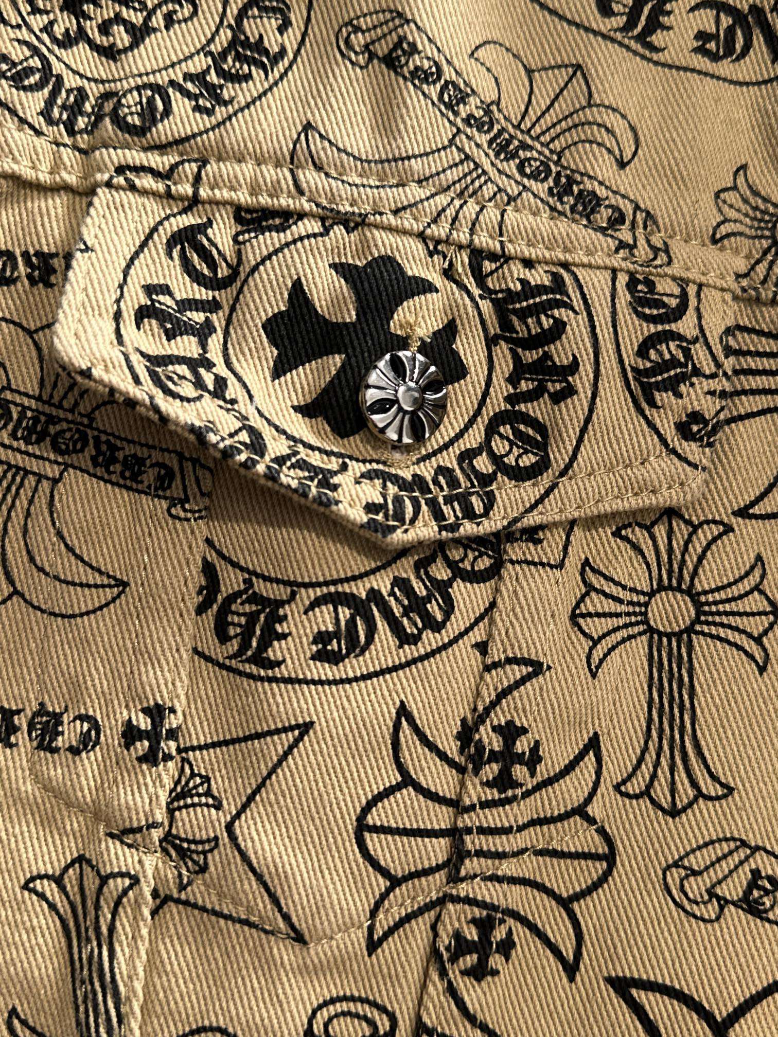 Long-sleeve shirt close-up of stitched pocket and ornate motifs on beige