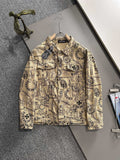 Long-sleeve button-up shirt with ornate black and dark-blue print on beige