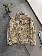 Long-sleeve button-up shirt with ornate black and dark-blue print on beige