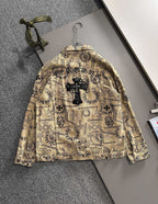 Long-sleeve button-up shirt on hanger with ornate print and button front, beige