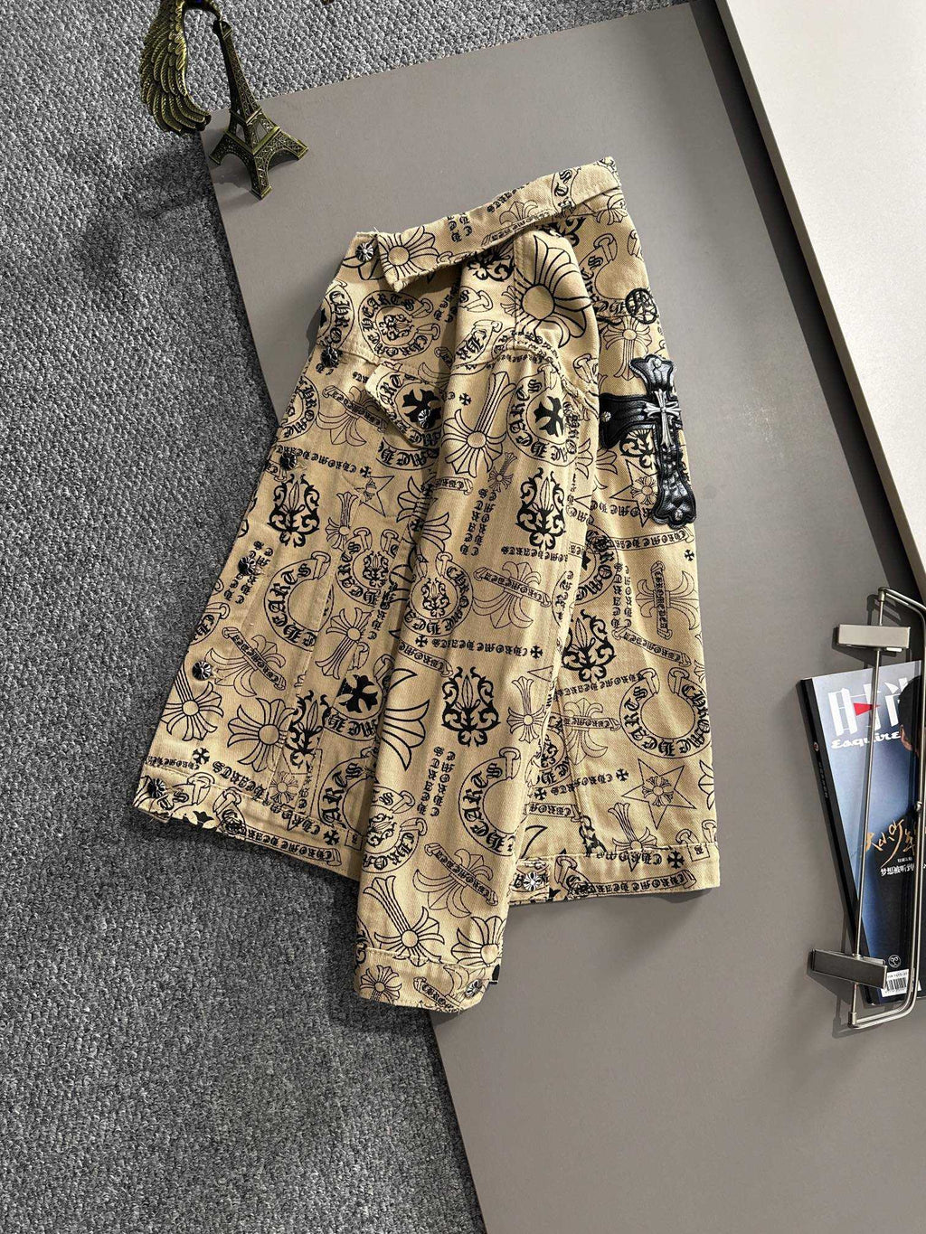 Long-sleeve button-up shirt with ornate print and chest pocket, beige