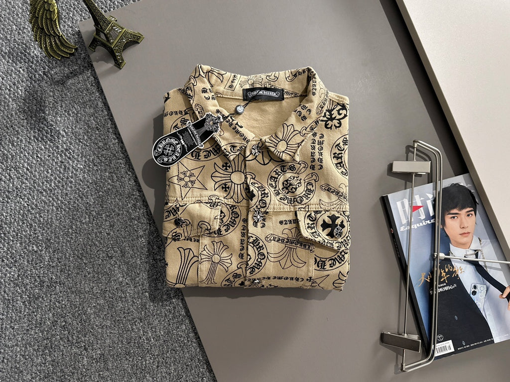 Long-sleeve button-up shirt with stand collar and allover ornate print, beige