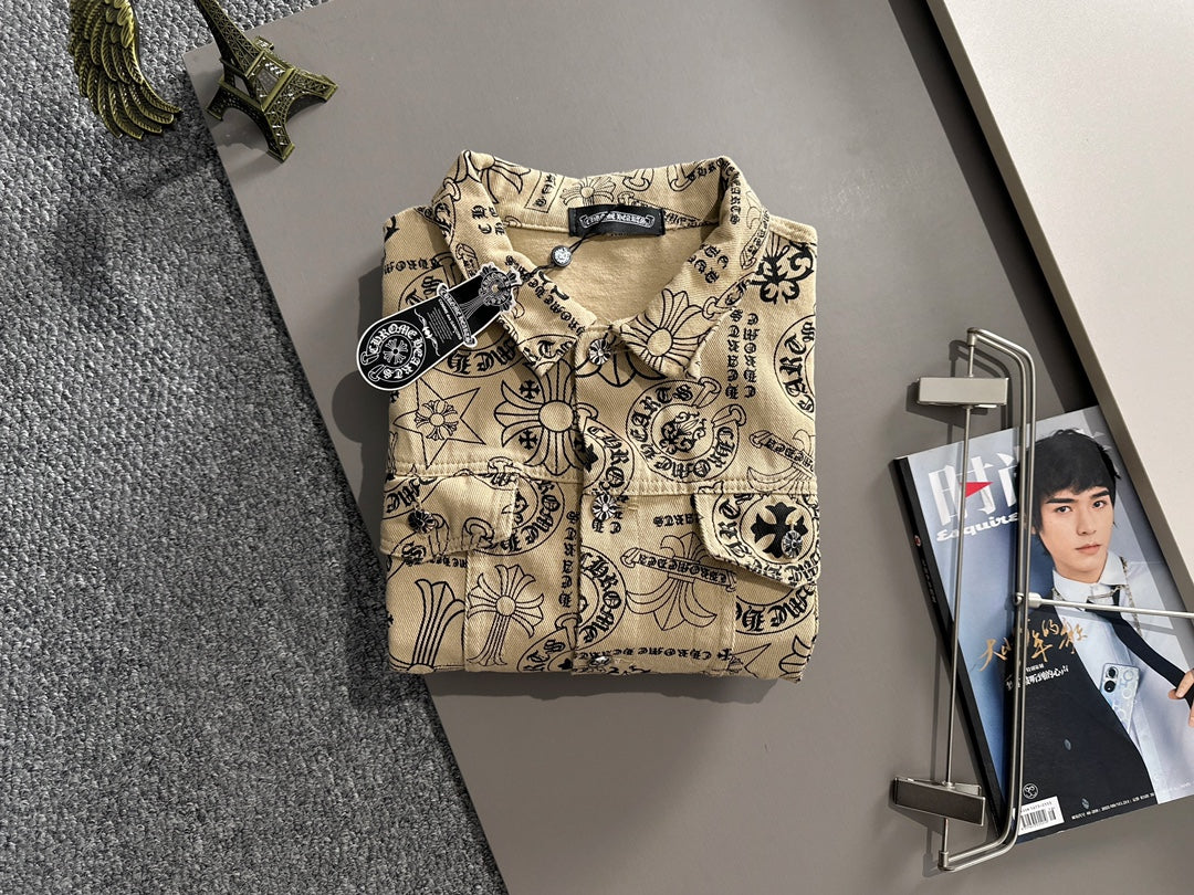 Long-sleeve button-up shirt with stand collar and allover ornate print, beige