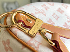 Gold-tone hardware and clasp on tan leather strap over monogram canvas
