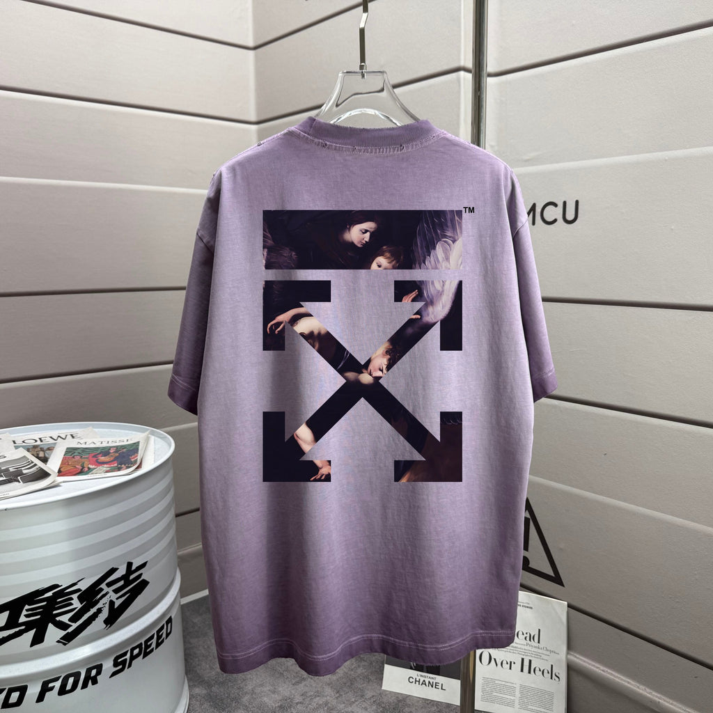 Lavender T-shirt with large back graphic print and crossed stripe design