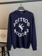 Navy knit long-sleeve sweater with large white graphic script and letters at center