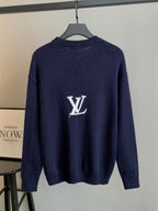 Navy knit long-sleeve sweater with small white Louis Vuitton LV emblem on back
