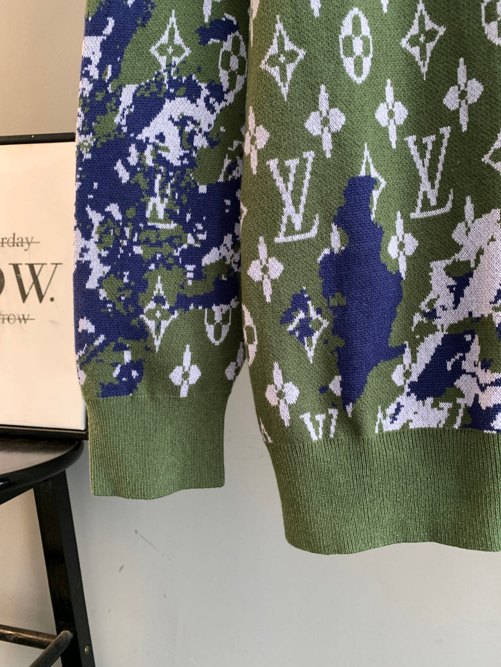 Louis Vuitton knit sweater sleeves and hem in green with blue and white monogram pattern
