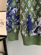 Louis Vuitton knit sweater sleeves and hem in green with blue and white monogram pattern