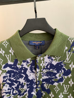 Louis Vuitton knit sweater polo collar with button placket, green blue white pattern