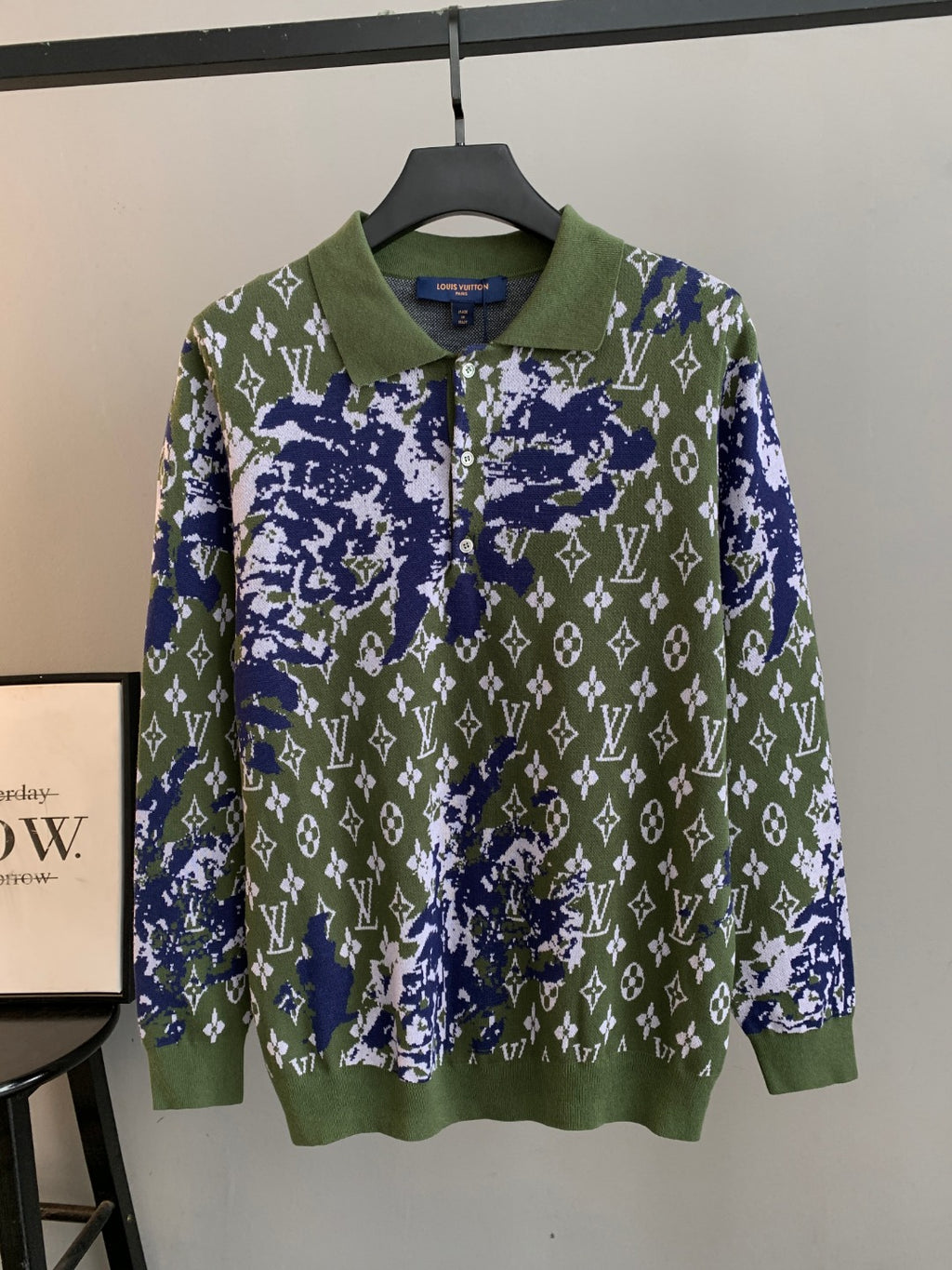 Louis Vuitton long-sleeve sweater in green with blue and white monogram pattern
