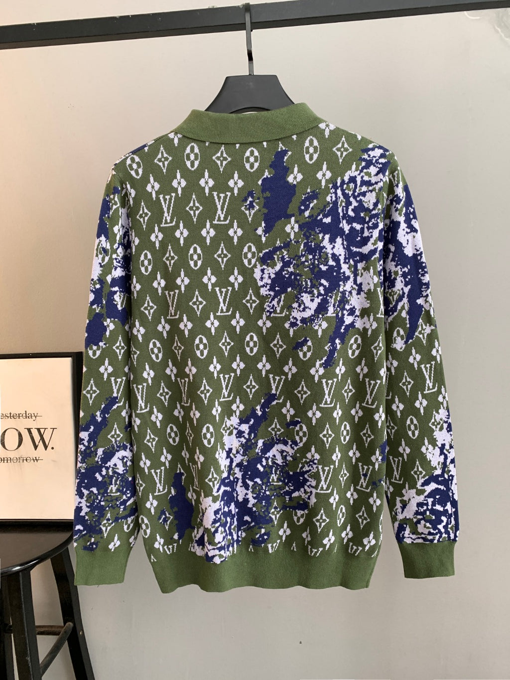 Louis Vuitton long-sleeve sweater back view in green with blue and white monogram print