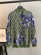 Louis Vuitton long-sleeve sweater back view in green with blue and white monogram print