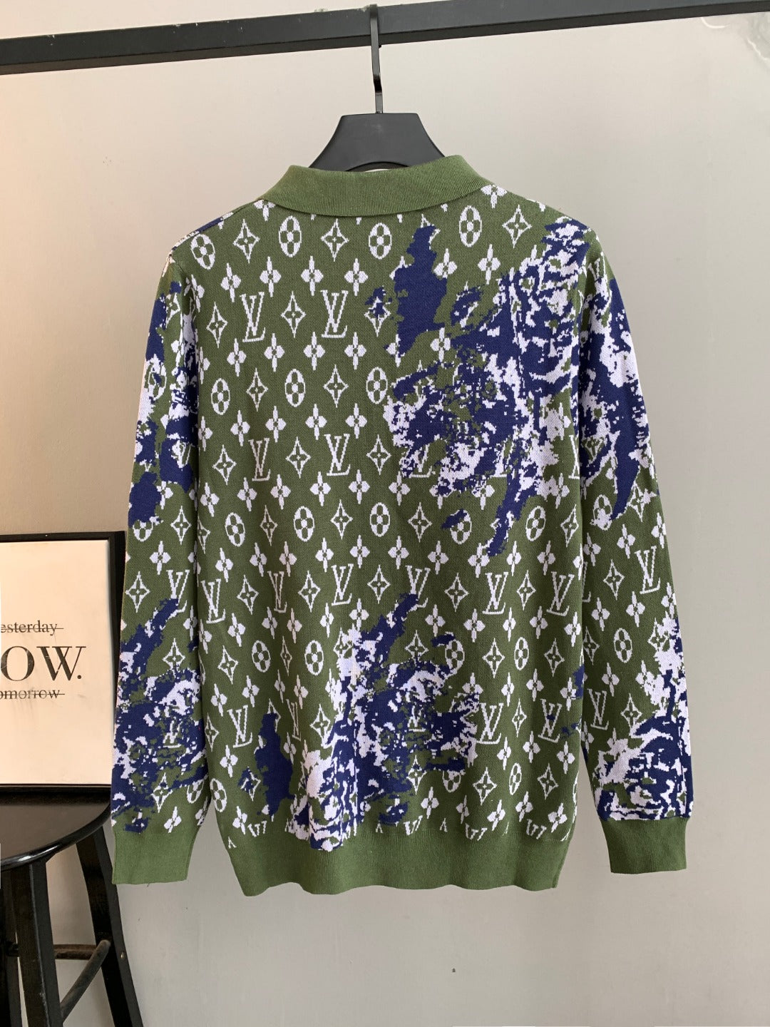 Louis Vuitton long-sleeve sweater back view in green with blue and white monogram print