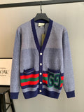 Long cardigan by Gucci with V-neck, striped yoke, multicolor stripes and green GG motif