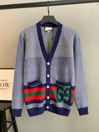 Long cardigan by Gucci with V-neck, striped yoke, multicolor stripes and green GG motif