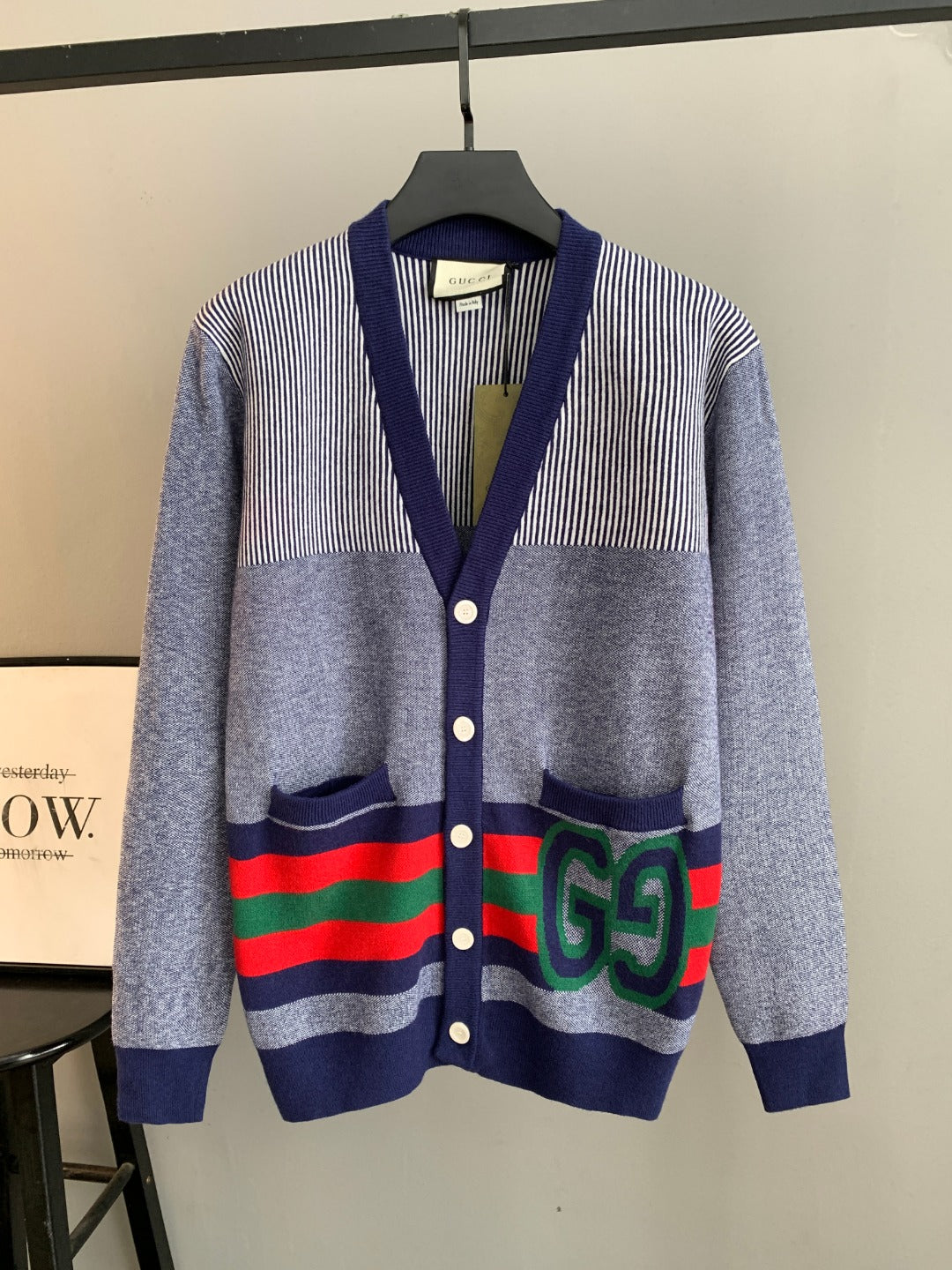 Long cardigan by Gucci with V-neck, striped yoke, multicolor stripes and green GG motif