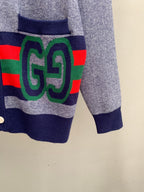 Long cardigan by Gucci with GG motif on multicolor stripe panel and navy hem