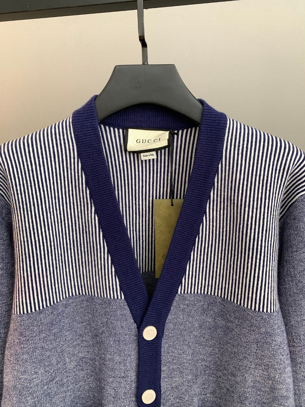 Long cardigan by Gucci with V-neck placket, striped knit shoulders, button front