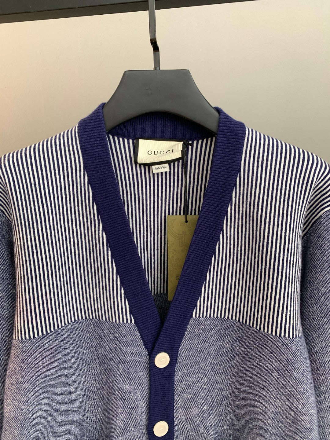 Long cardigan by Gucci with V-neck placket, striped knit shoulders, button front