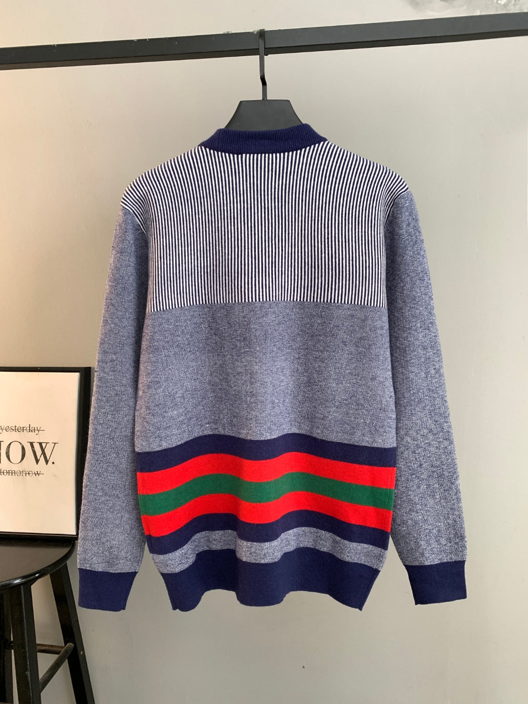 Long cardigan by Gucci with ribbed turtleneck, striped yoke, multicolor stripe band